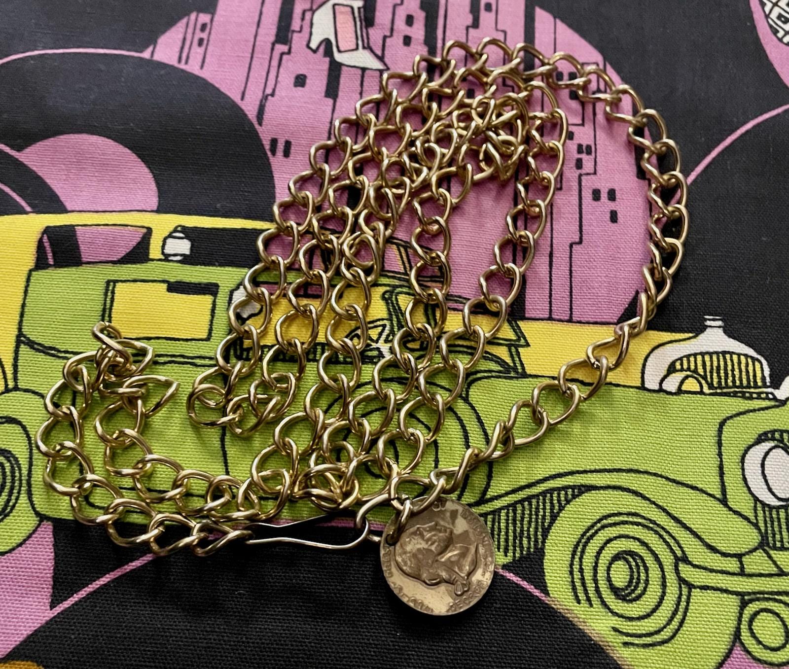 Vintage 1970’s Gold Chain belt with Purple metal ball tassel accents Vintage Chunky Chain Tassel Belt or Pendant Necklace, 1960 main image 4