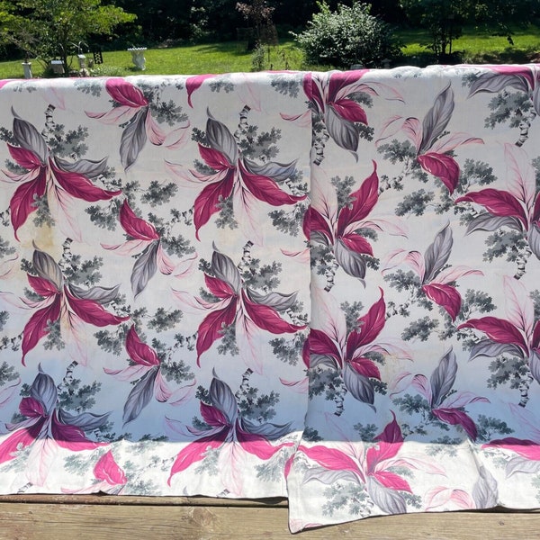 Vintage MCM 2 Barkcloth Curtain Panel Set Pink Grey Tropical Floral 1950s AS IS