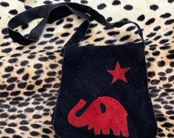 1960s 1970s Vintage Black & Red Suede Elephant Star Applique Flap Satchel Shoulder Bag