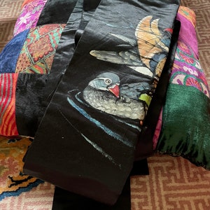 Vintage Black Hand Painted Japanese Silk Obi Sash Kimono Belt Pond Scene