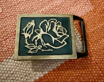 Vintage 1970s Tech Ether Guild Solid Brass Tea Rose Belt Buckle 1978 Western BOHO