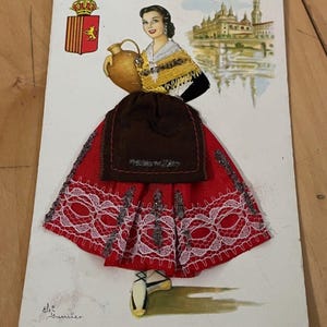 Vintage 3D-Spanien-Andenken-Postkarten-Frau im Geweberock-Kleid Elsi Gumien Zaragoza