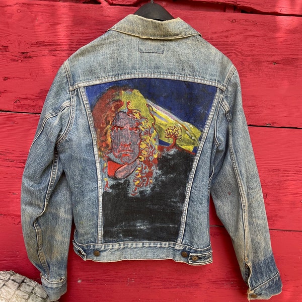 Amazing True Vintage 1970s Levi's Denim Jean Jacket Hand Painted w/ Robert Plant Led Zeppelin 2 Pocket Indigo Single Stitch