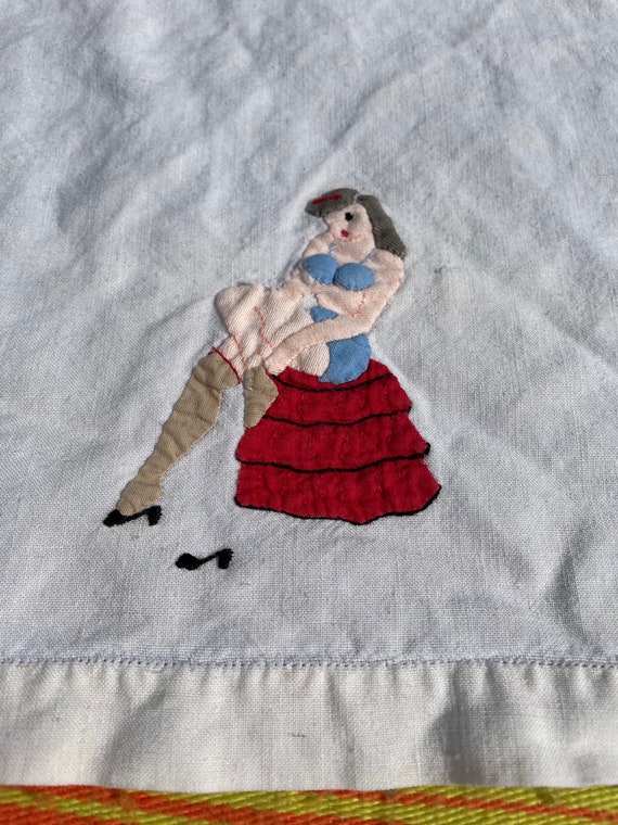Amazing Vintage Embroidered Pin Up Girl Hankie Handkerchief 1950s AS IS