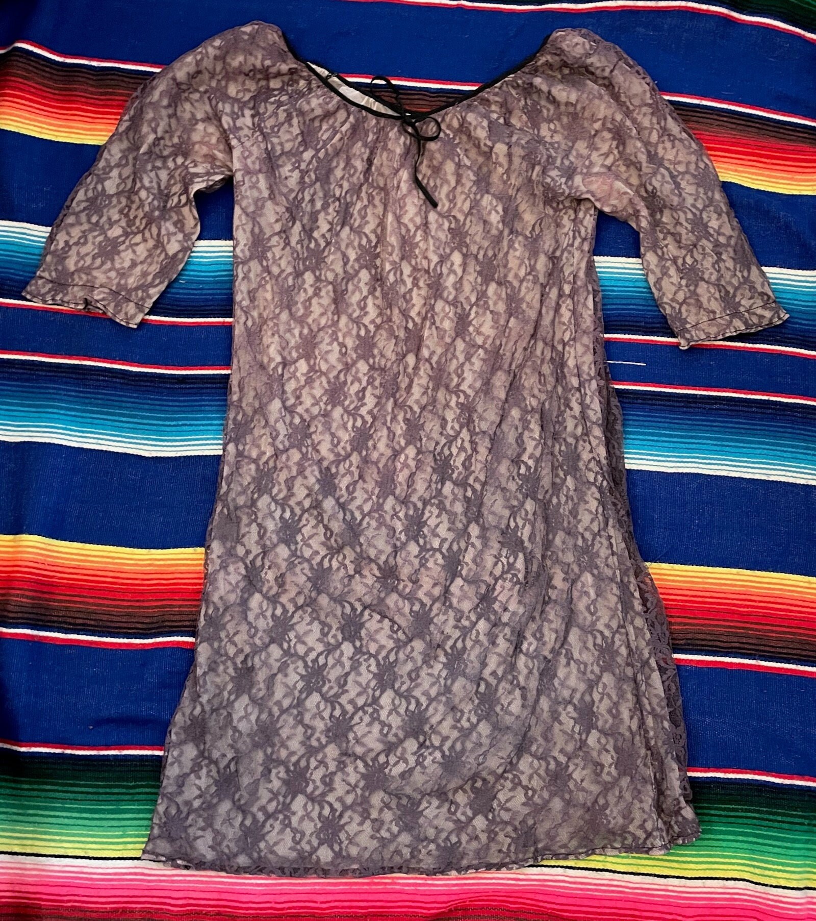 Vintage 60s Carol Brent Nightgown Slip Nightie Purple Lace Over White with Black Trim Dress
