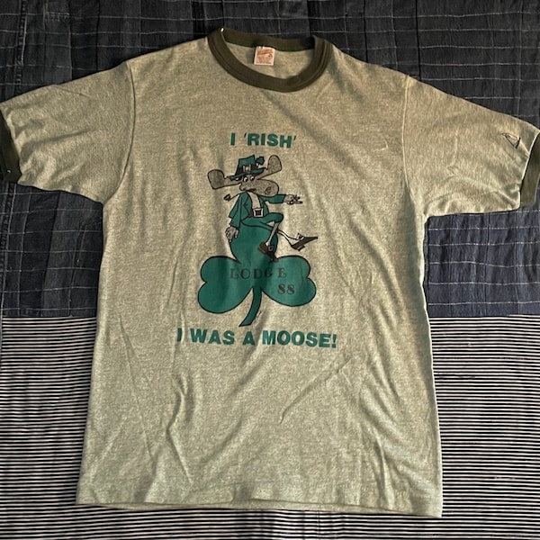 1970s Vintage Green Ringer T Shirt I Irish I'm A Moose Lodge 88 USA