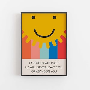 He Will Never Leave You Decor. Colourful Rainbow Wall Art, Modern Christian Art, Bright Christian Kids Art Print Sunny Happy Face Art Print
