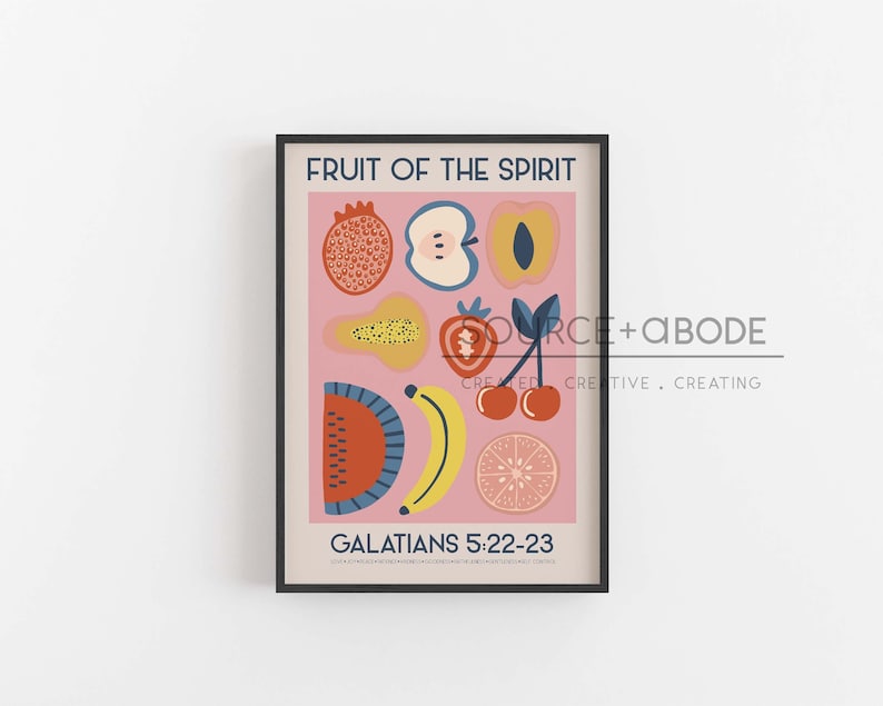 Fruits Of The Spirit, Fruit Market Kitchen Wall Decor. Minimalist Mid Century Bible Art, Modern Christian Art Print, Christian Wall Art image 1