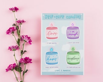 Self Care Candles Sticker Sheet, Mental Health Awareness, Love / Hope / Acceptance / I Am Enough, Self Love Reminders