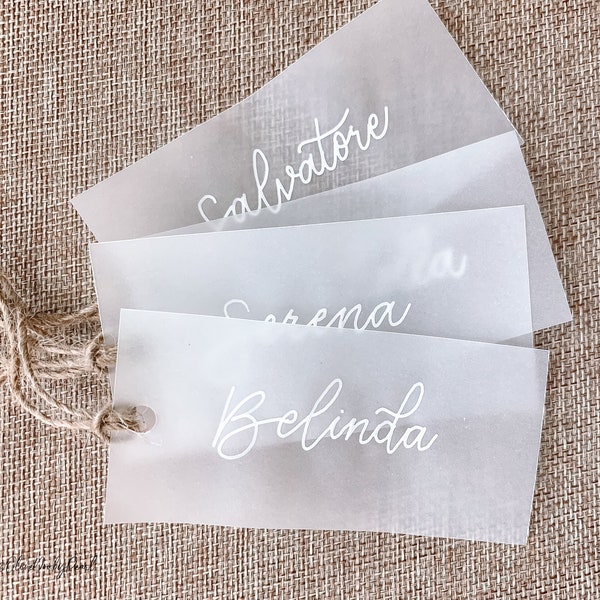 Personalized Vellum Gift Tags, Custom Calligraphy, 69lbs 93gsm Translucent Tags, Maid of Honor Tag, Bridesmaid Hanger Tags