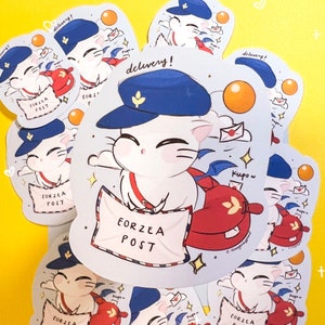 May include: A collection of stickers featuring a white cat in a blue postman's hat and red satchel. The cat holds a sign that reads "Eorzea Post" and the word "delivery!" is written above. The stickers have a light blue background.