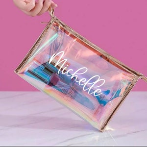 Personalized Makeup Bag, Clear Holographic Makeup Bag, Personalized Gifts, Bridesmaid Gift Idea, Travel Bag, Bachelorette Gifts image 1