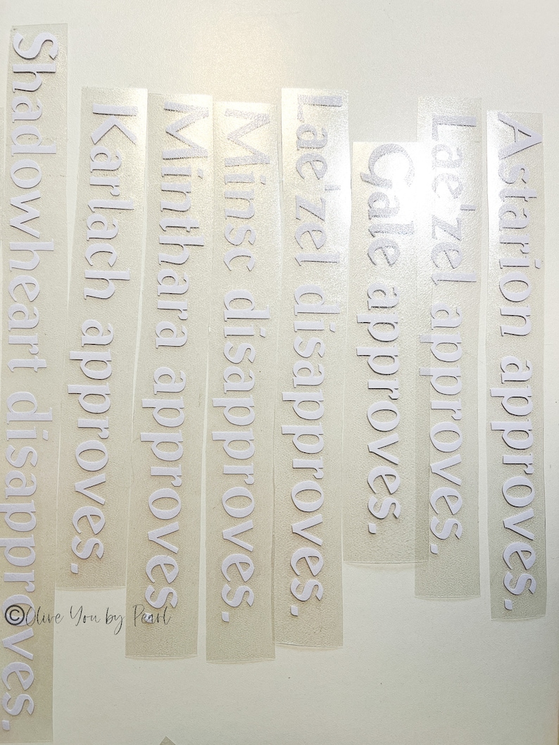May include: A set of white vinyl stickers with the names of characters from the game Baldur's Gate 3. The stickers say "Astarion approves", "Lae'zel approves", "Gale approves", "Lae'zel disapproves", "Minse disapproves", "Minthara approves", "Karlach approves", and "Shadowheart disapproves".