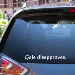May include: A white vinyl sticker on the back window of a silver car that reads "Gale disapproves."