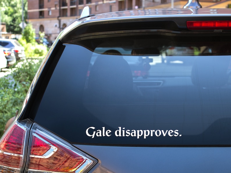 May include: A white vinyl sticker on the back window of a silver car that reads "Gale disapproves."