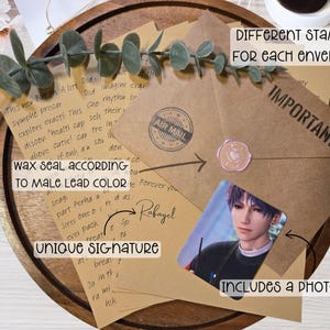 May include: A set of brown envelopes with handwritten notes, a wax seal, and a photocard. The envelopes have the words "Air Mail" and "Important" printed on them. The photocard features a young man with purple hair.