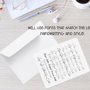 May include: A white card with black text that reads "WILL USE FONTS THAT Match The Leads HANDWRITING AND STYLE!" and a list of different handwritten fonts.