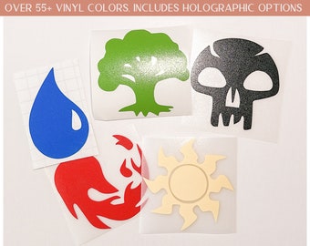 May include: Five vinyl stickers featuring different symbols: a blue water drop, a red flame, a green tree, a yellow sun, and a black skull.