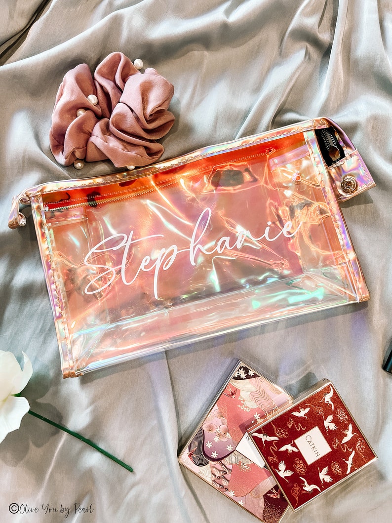 Personalized Makeup Bag, Clear Holographic Makeup Bag, Personalized Gifts, Bridesmaid Gift Idea, Travel Bag, Bachelorette Gifts image 3