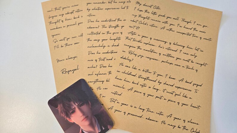 May include: A handwritten letter on brown paper with black ink. The letter is addressed to "My dearest Cater" and discusses a relationship with someone named Caleb. The letter mentions a year of silence and a year of presumed absence.