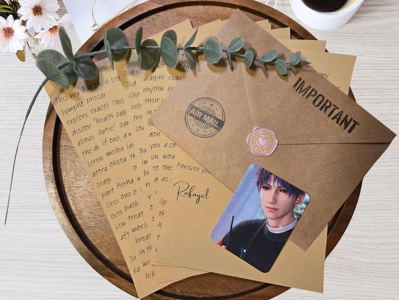 May include: A stack of brown envelopes with handwritten notes and a small photo of a person with purple hair. The envelopes have the words "AIR MAIL" and "IMPORTANT" printed on them. The photo is of a person with purple hair and a blue shirt. The photo is on a brown envelope with the words "Robayel" written on it.