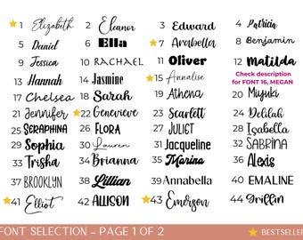 May include: A font selection chart labelled FONT SELECTION - PAGE 1 OF 2, displaying 44 numbered names in various black typography styles. Yellow stars mark specific options, and text notes to check the description for font 16, Megan.