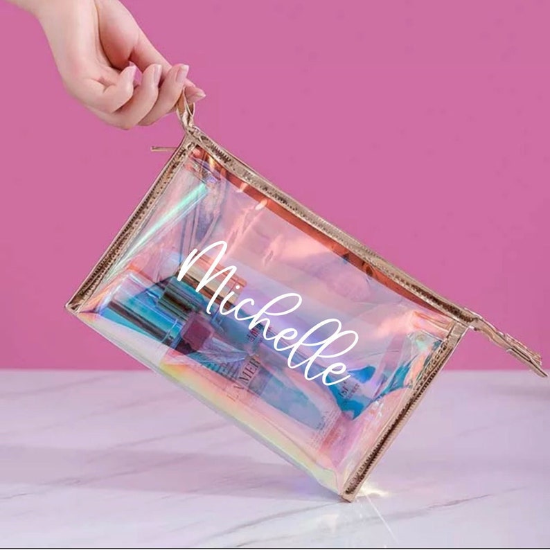 Personalized Makeup Bag, Clear Holographic Makeup Bag, Personalized Gifts, Bridesmaid Gift Idea, Travel Bag, Bachelorette Gifts image 1