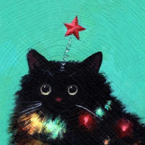 May include: A whimsical painting of a black cat adorned with colorful Christmas lights, resembling a decorated Christmas tree. A red star sits atop the cat's head, adding to the festive theme. The cat's expression is endearing, with large, expressive eyes. The painting style is expressive and textured, with visible brushstrokes. The background is a teal color, providing a contrast to the black cat and vibrant lights.
