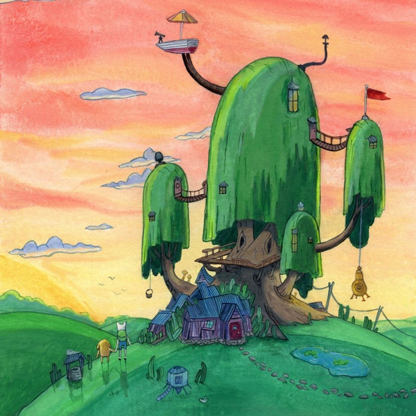 Adventure Time Art Print, "The Treehouse" 5x7in, 8x10in and 11x14, Illustration, Cartoon Art, Fan Art
