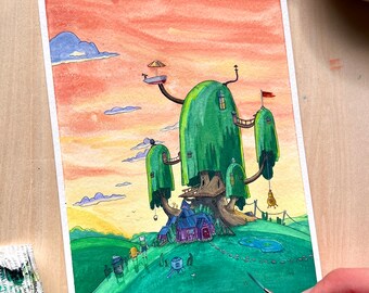 Original Adventure Time Painting, "The Treehouse" 5x7in, Illustration, Cartoon Art, Fan Art