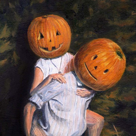 パンプキンヘッドの絵画：不気味な季節のアートプリント（8x10
