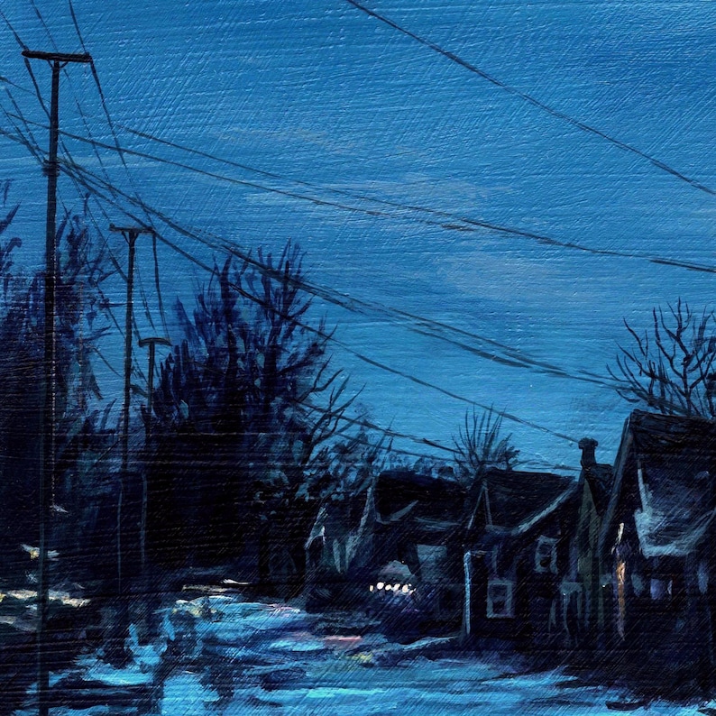 May include: An acrylic painting of a street scene at night. Houses are silhouetted against a deep blue sky, with power lines and bare trees adding to the atmosphere. The painting evokes a sense of quiet and coldness, capturing a winter evening.