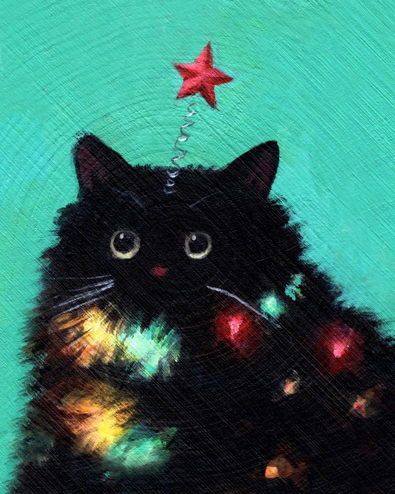 May include: A whimsical painting of a black cat adorned with colorful Christmas lights, resembling a decorated Christmas tree. A red star sits atop the cat's head, adding to the festive theme. The cat's expression is endearing, with large, expressive eyes. The painting style is expressive and textured, with visible brushstrokes. The background is a teal color, providing a contrast to the black cat and vibrant lights.