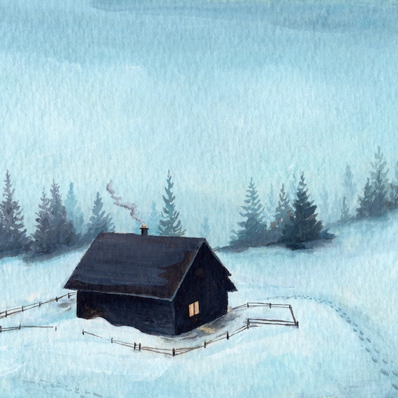 Winter Cabin Gouache Print: Snowy Landscape Art (8x10)
