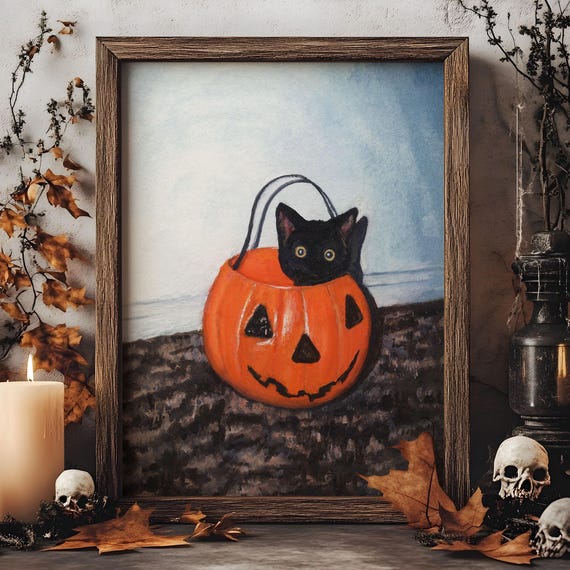 Kitten Art Print: Black Cat in Pumpkin Illustration (8x10in)