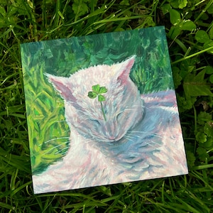 Tableau chat porte-bonheur, toile de 5 x 5 po., oeuvre d'art originale, panneau de bois