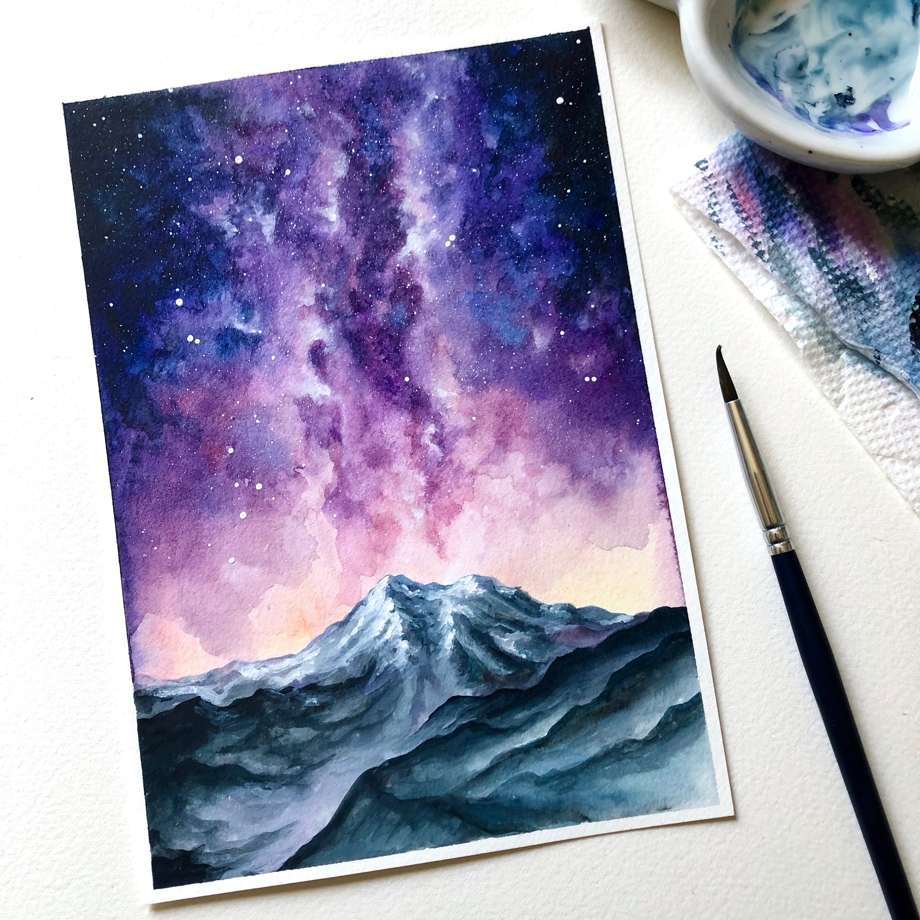 オリジナル水彩画 5x7インチ、手作り、銀河絵画 - Etsy 日本