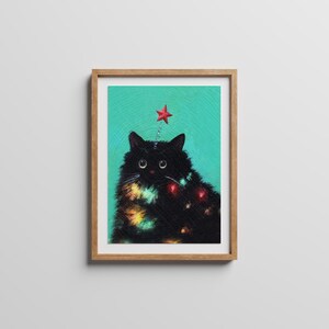 Puede incluir: Un gato negro con una estrella roja en la cabeza, pintado en un estilo colorido sobre un fondo turquesa.