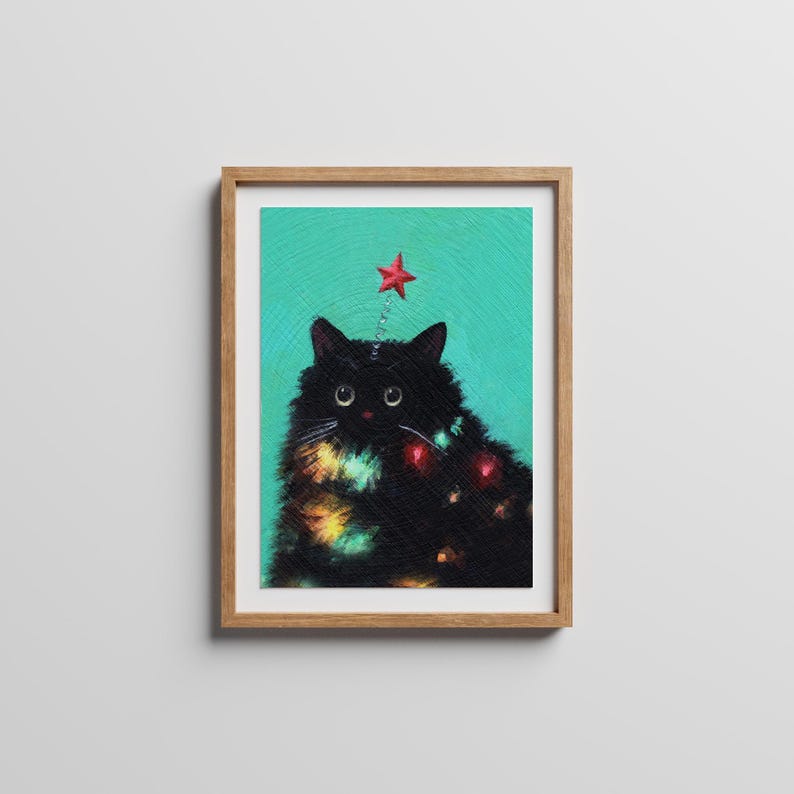 Puede incluir: Un gato negro con una estrella roja en la cabeza, pintado en un estilo colorido sobre un fondo turquesa.
