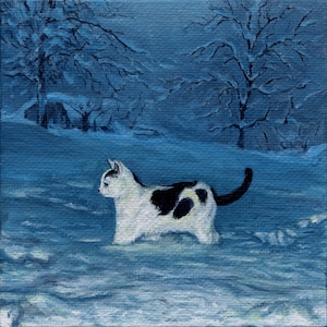 Cat in snow PRINT, 8x10 Acrylic Print, Cat Painting, Cats image 1