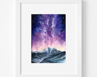 5x7in Fine Art Print, Galaxy Painting, Milky Way, Watercolor Painting