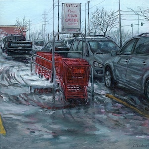 Può includere: Dipinto a olio raffigurante una scena di parcheggio innevato. Carrelli della spesa rossi sono allineati sotto un cartello con la scritta "Please Return Carts Here". Le auto sono parcheggiate nelle vicinanze. Il cielo è nuvoloso e il terreno è coperto di neve e fango.