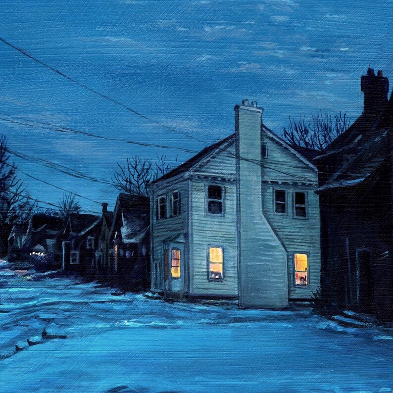 May include: An oil painting shows a snow-covered street at night, with several houses and lit windows under a deep blue sky. The artwork conveys a sense of quiet and solitude in a winter scene.