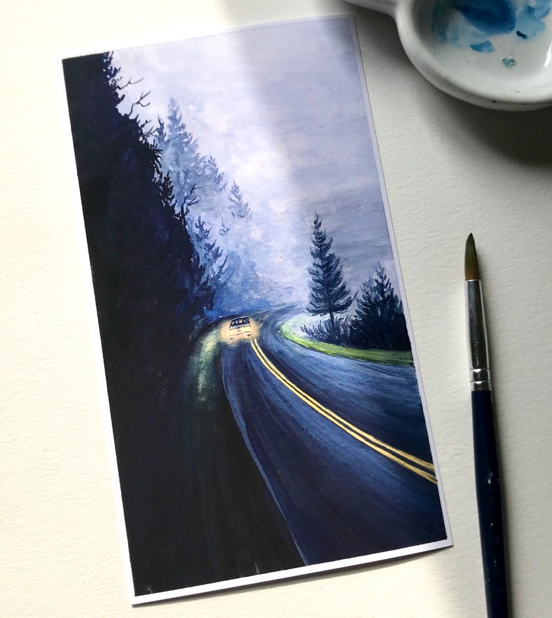 Gouache Fine Art Print, Winding Road, Foggy Landscape image 2