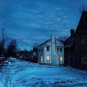 May include: An oil painting of a snow-covered street at night, lit by the warm glow of house lights. The houses are painted in shades of white and dark blue, with a deep blue sky above. The artist's signature is in the bottom right corner.