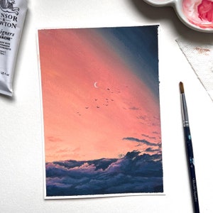 5x7in Fine Art Print, Gouache Print, Watercolor Print, Sunset, Clouds