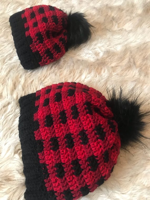 Buffalo Plaid Beanie Crochet Red and 