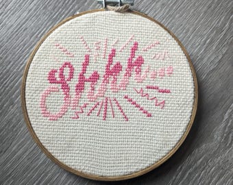 5 inch Cross stitched Hoop "shhhh"
