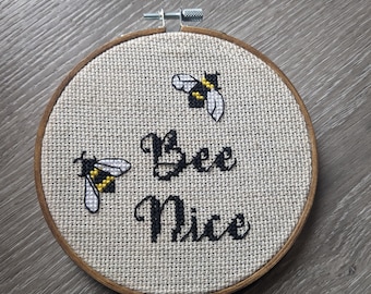 5 inch Cross stitched Hoop "bees"