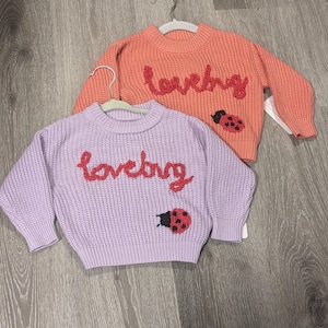 Könnte beinhalten: Zwei Strickpullover mit dem Wort "Lovebug" auf der Vorderseite gestickt. Ein Pullover ist lavendelfarben und der andere pfirsichfarben. Beide Pullover haben eine Marienkäfer-Applikation.